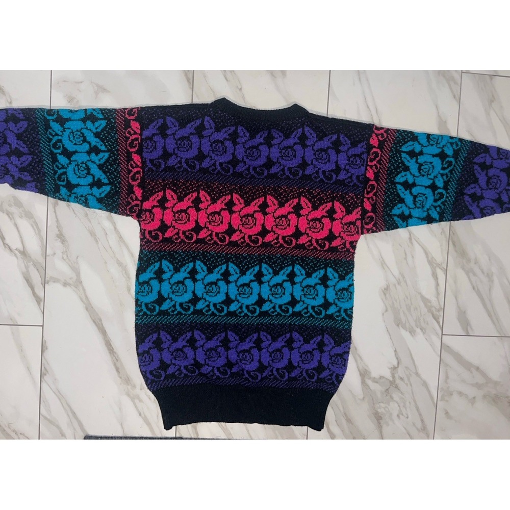 Vintage Rainbow Rose Knit Sweater Women M 3/4 Sleeve Colorblock Floral Y2K - Picture 9 of 11